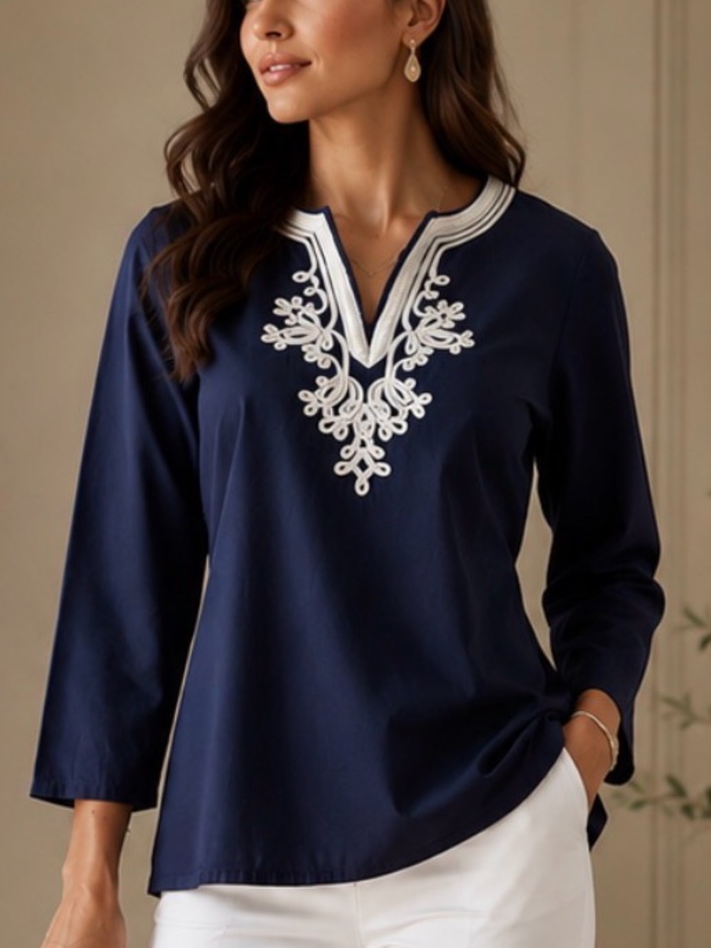 Talbots Navy Blue Embroidered Top